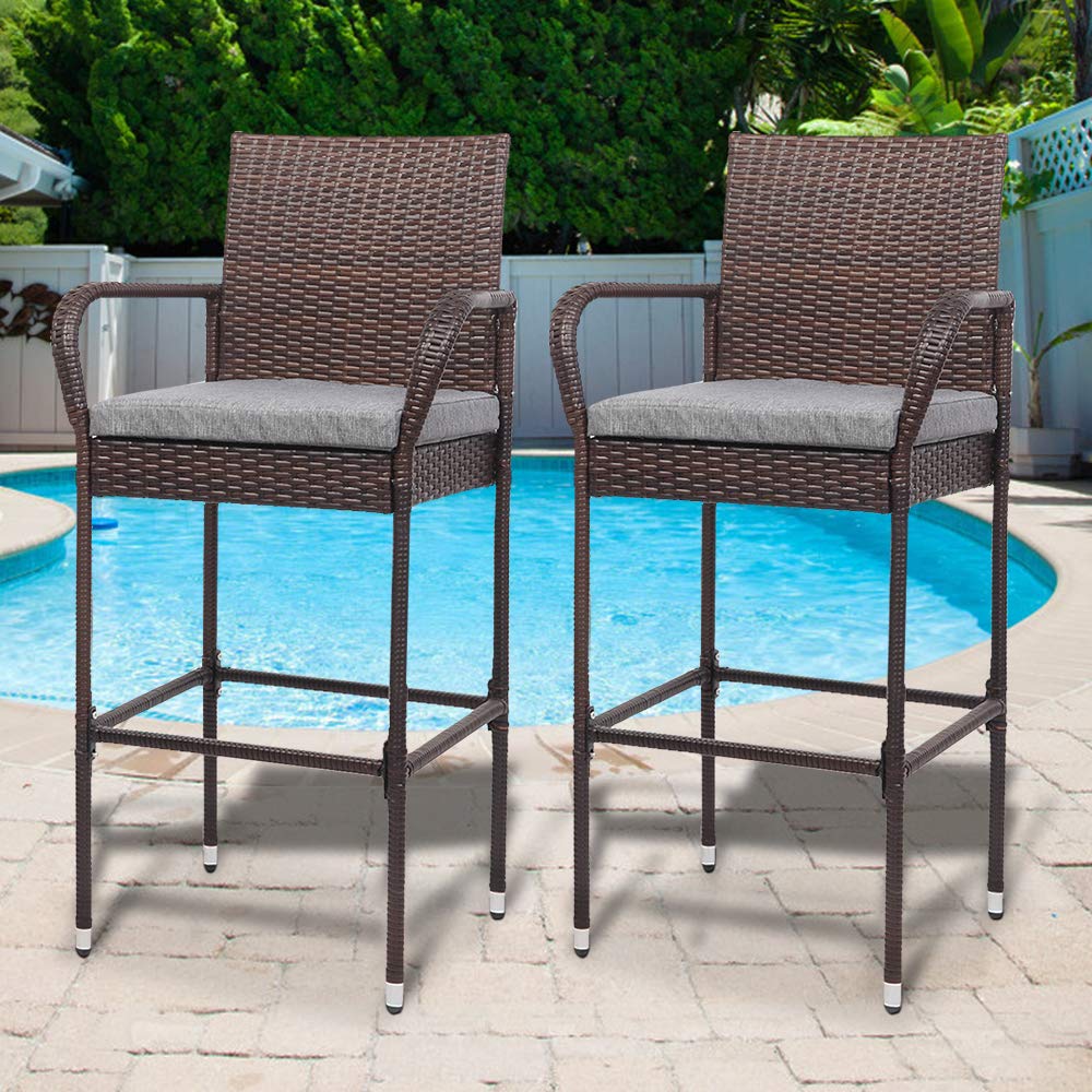 Outdoor Wicker Bar Stools Set of 2 with Cushions - From Where - 