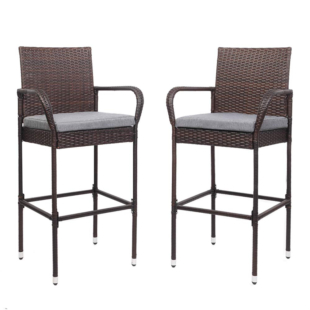 Outdoor Wicker Bar Stools Set of 2 with Cushions - From Where - 