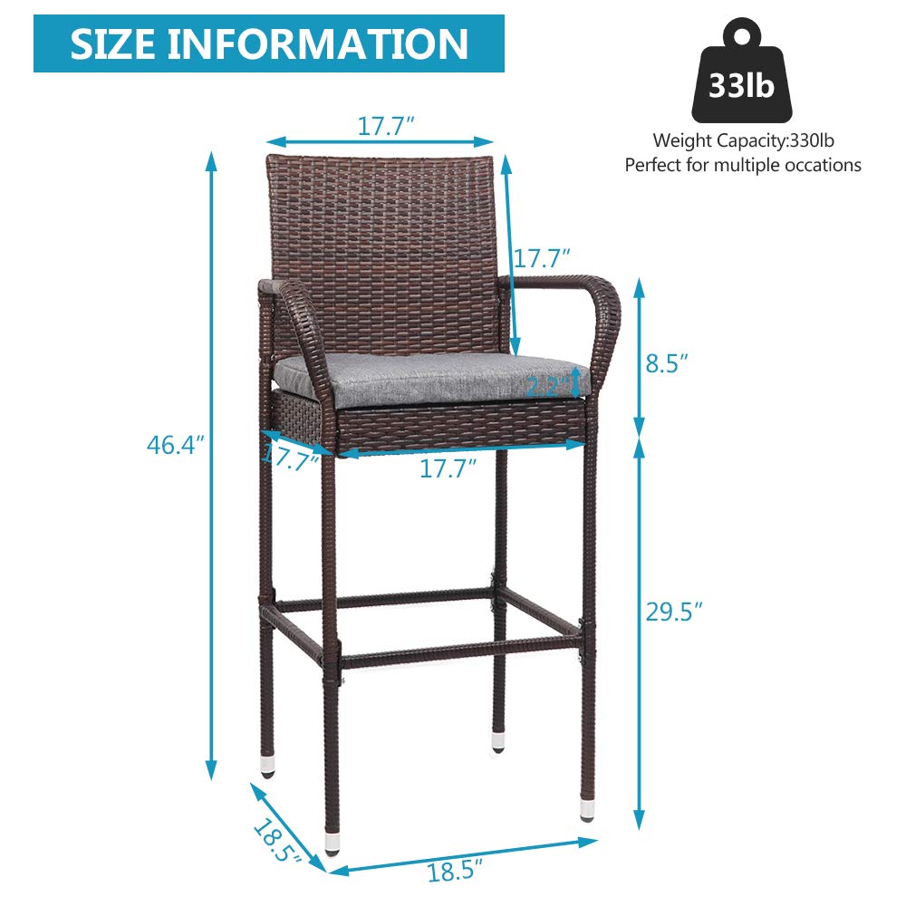 Outdoor Wicker Bar Stools Set of 2 with Cushions - From Where - 