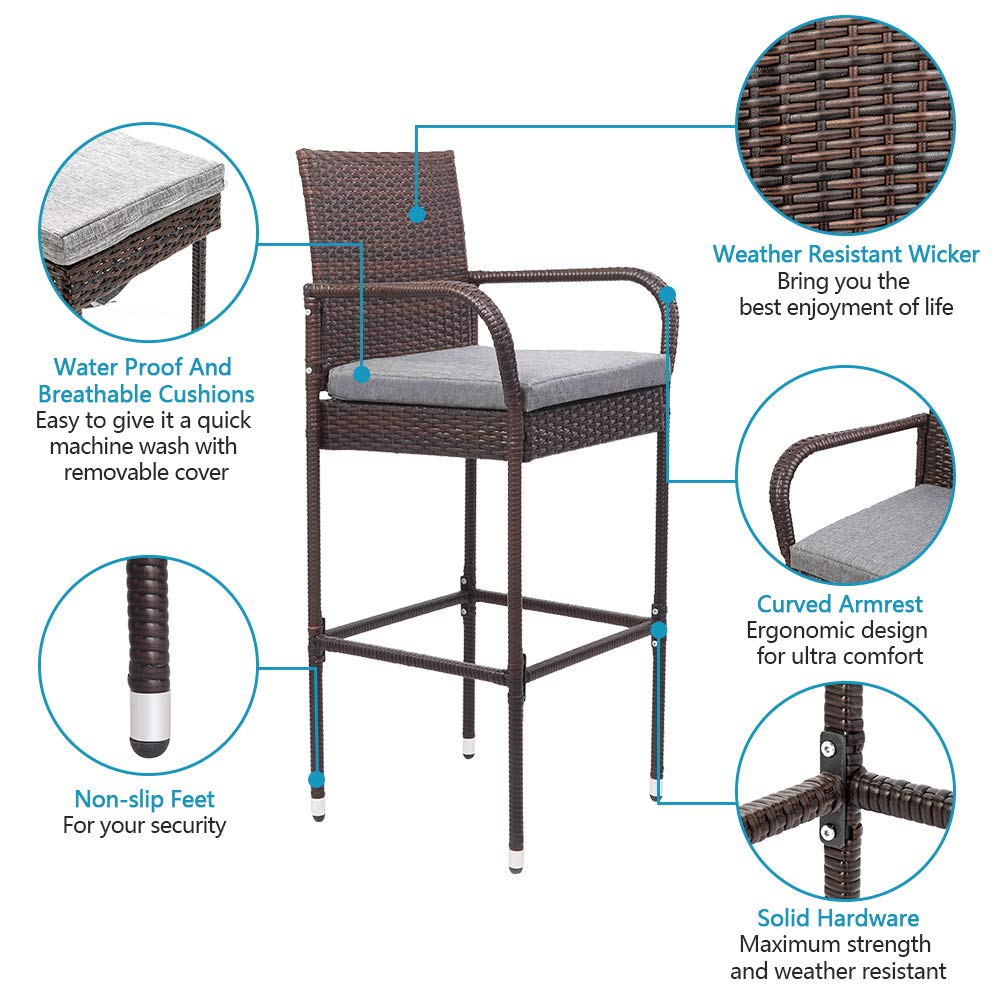 Outdoor Wicker Bar Stools Set of 2 with Cushions - From Where - 