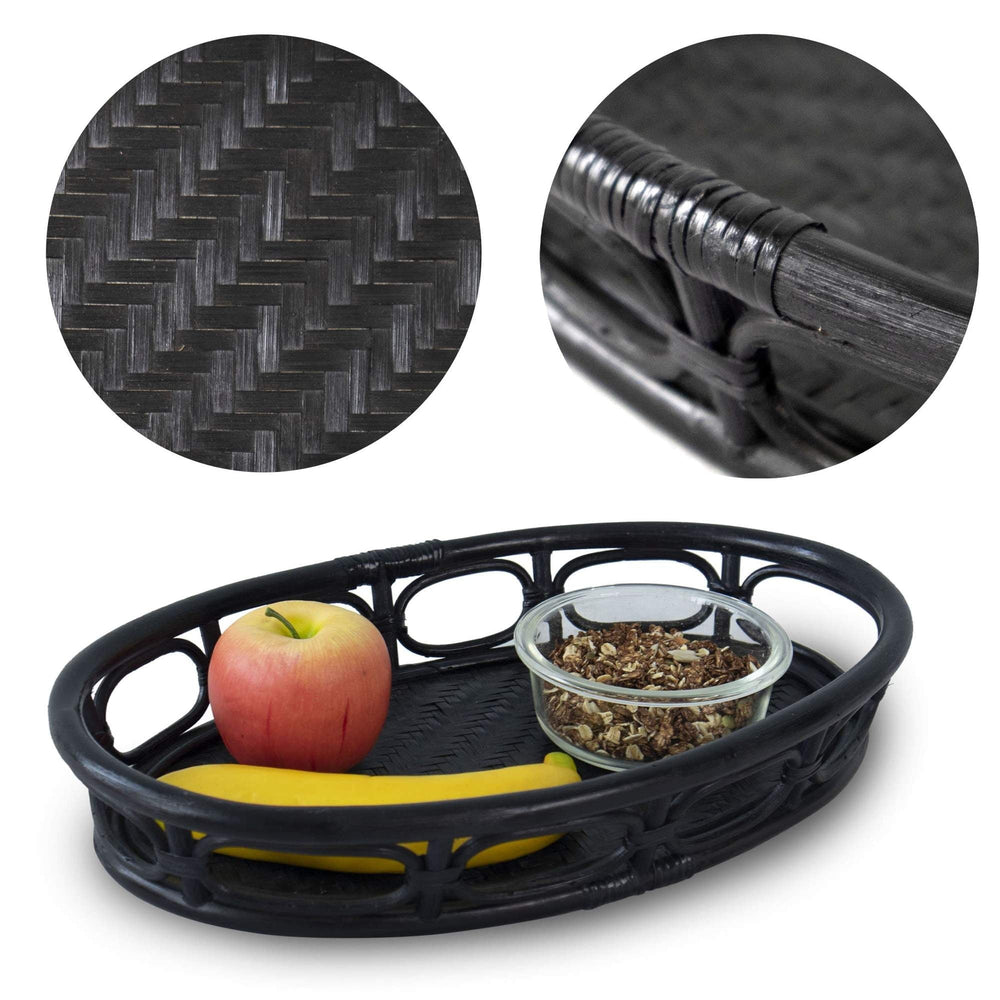 Oval Rattan Wicker Serving Trays with Handles Decorative Basket Tray for Home Decor - Small - Black - From Where - 