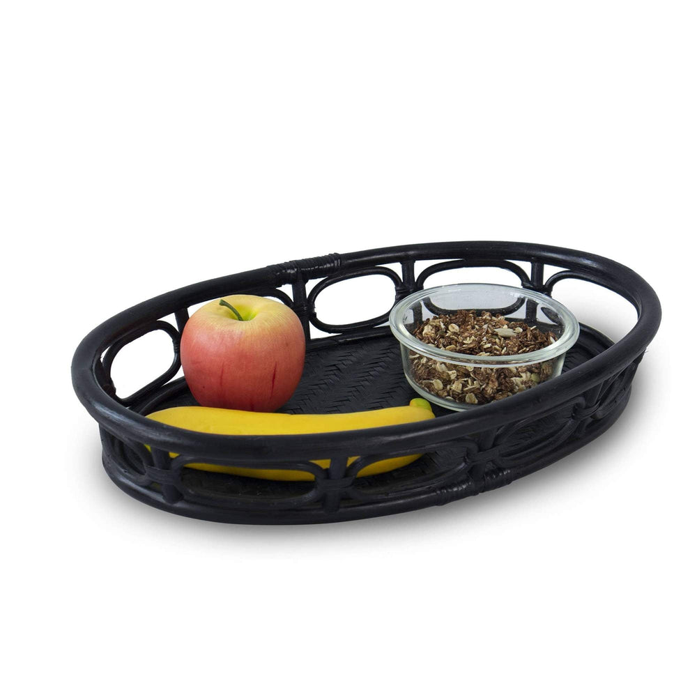 Oval Rattan Wicker Serving Trays with Handles Decorative Basket Tray for Home Decor - Small - Black - From Where - 