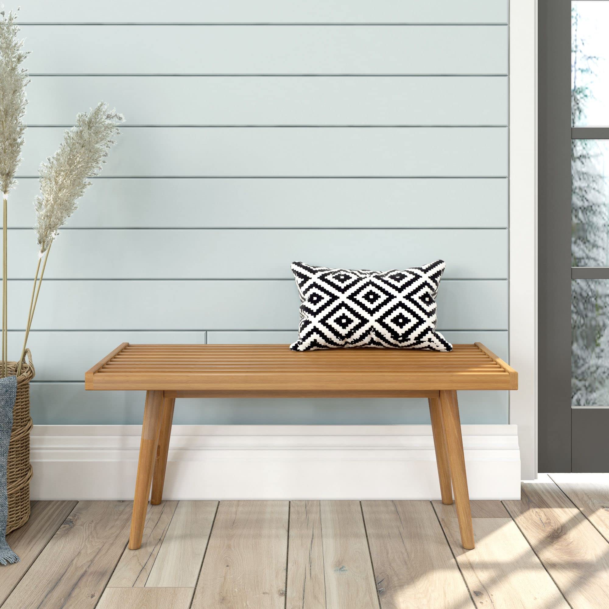 Plank+Beam Entryway Bench, Wooden End of Bed Bench for Bedroom, Mid - Century Modern Square Bench for Hallway, Living Room, Indoor, Porch, 41.25", Pecan - From Where - 