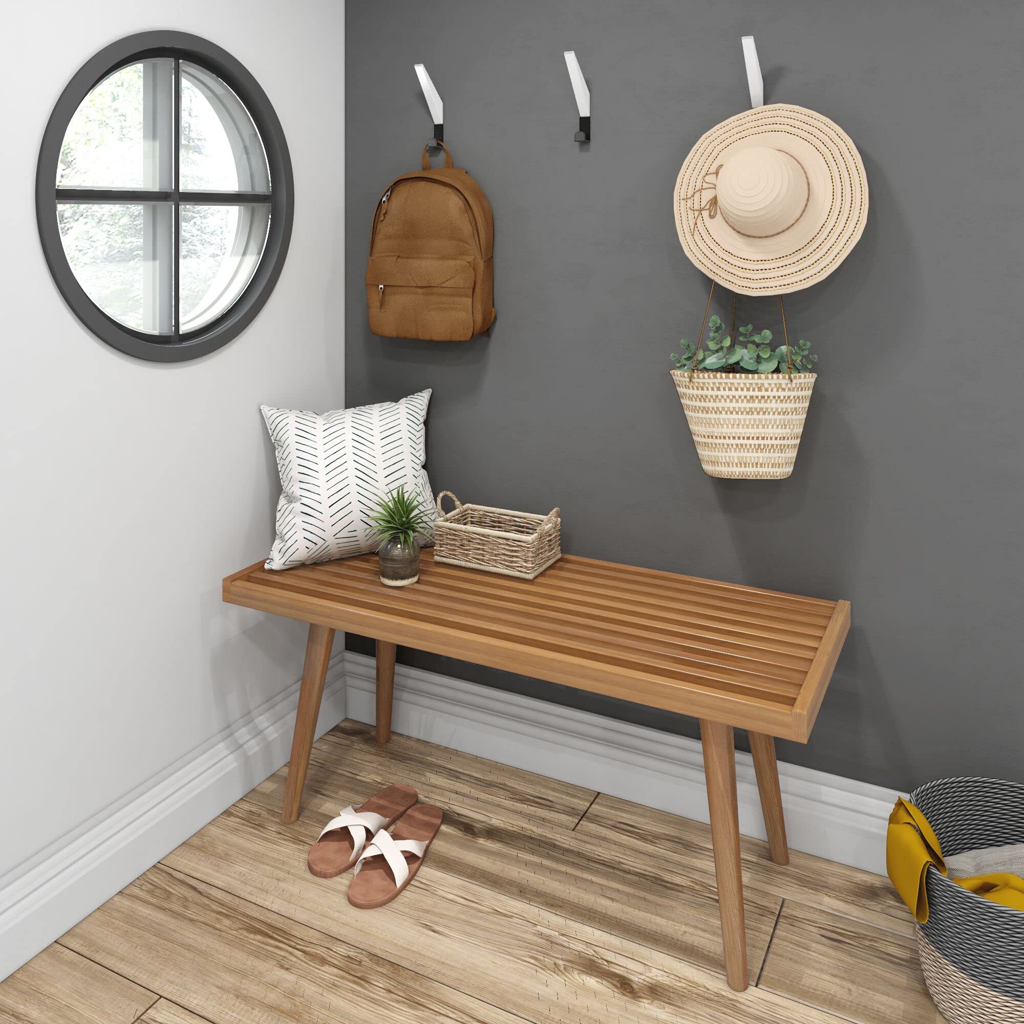 Plank+Beam Entryway Bench, Wooden End of Bed Bench for Bedroom, Mid - Century Modern Square Bench for Hallway, Living Room, Indoor, Porch, 41.25&quot;, Pecan - From Where - 