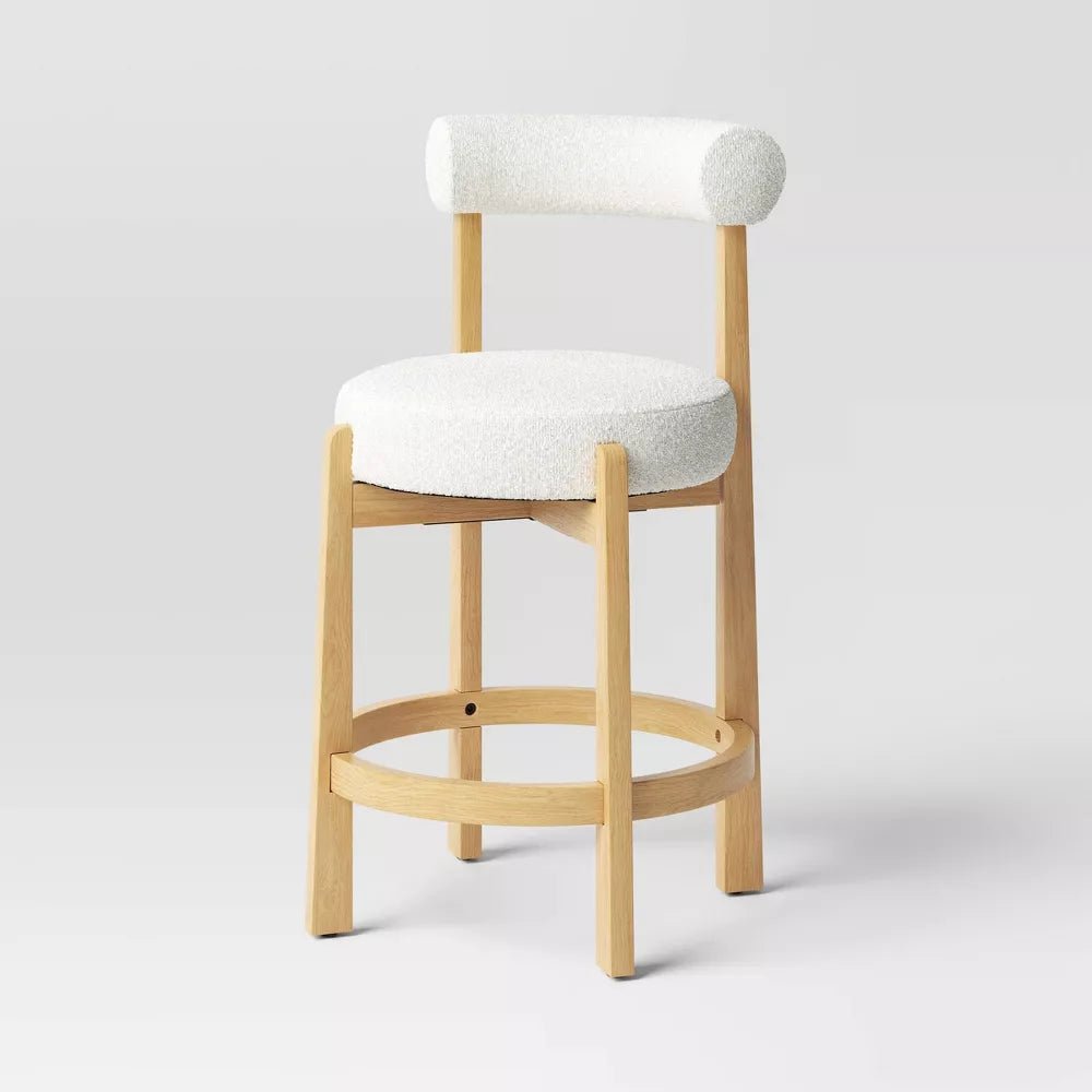 Round Wood Boucle Barstool - From Where - 