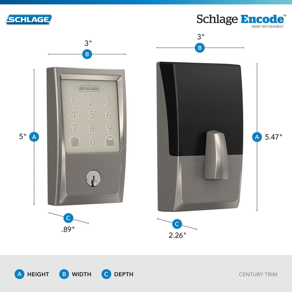 Schlage Encode Smart Wi - Fi Deadbolt with Century Trim in Satin Nickel - From Where - 