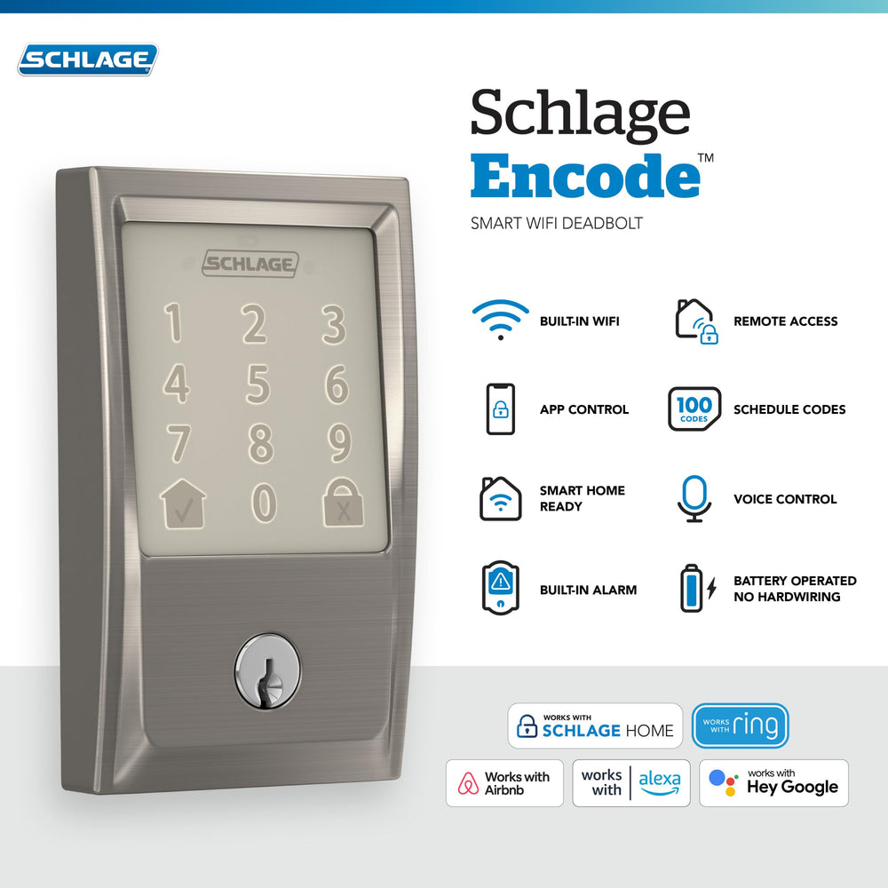 Schlage Encode Smart Wi - Fi Deadbolt with Century Trim in Satin Nickel - From Where - 