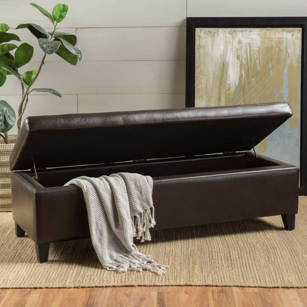 Stratford Brown Leather Storage Ottoman - From Where -