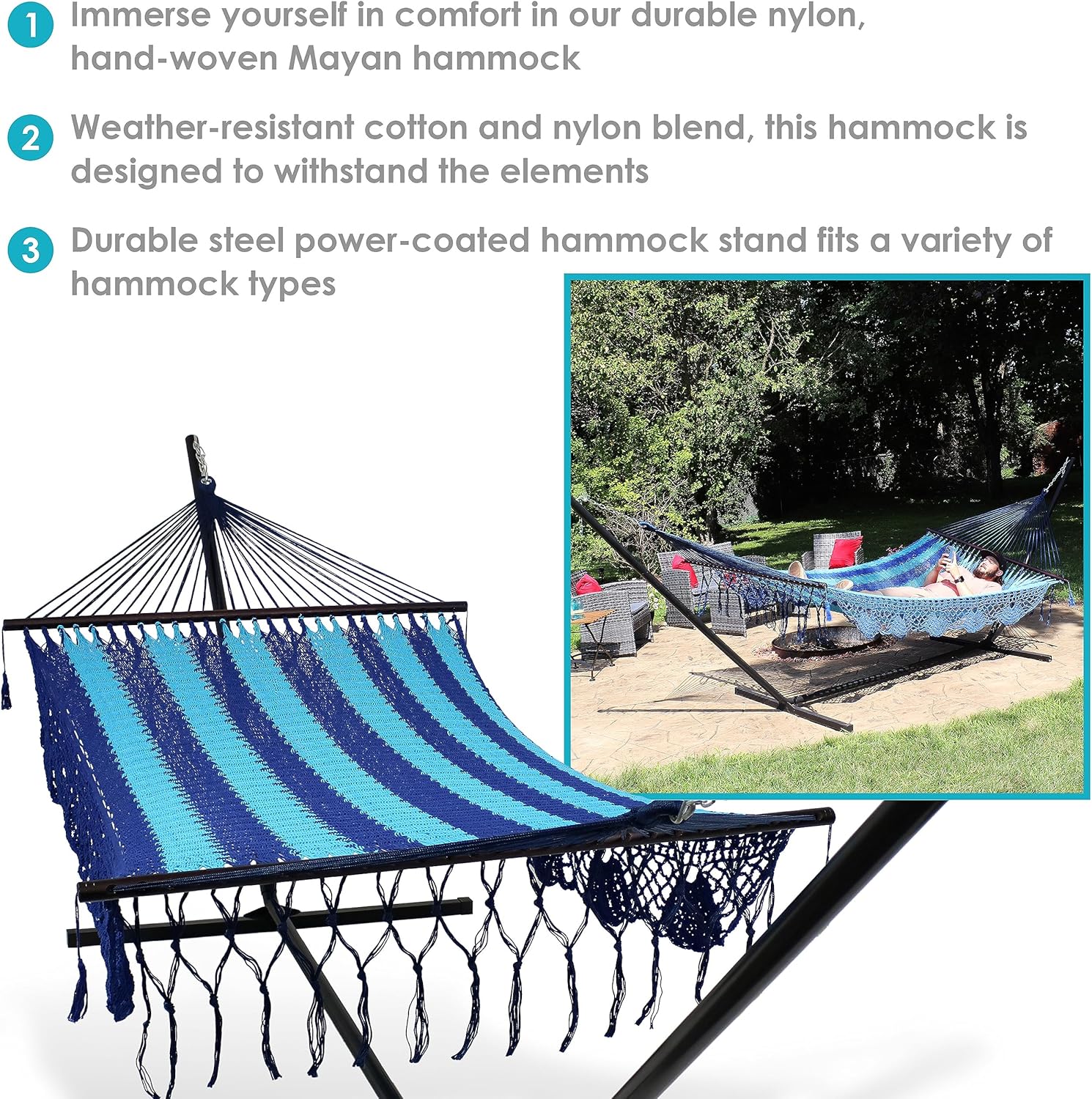 Sunnydaze Hand - Woven Cotton and Nylon American - Style Mayan Hammock with 15 - Foot Steel Stand - 400 - Pound Capacity - Natural - From Where - 