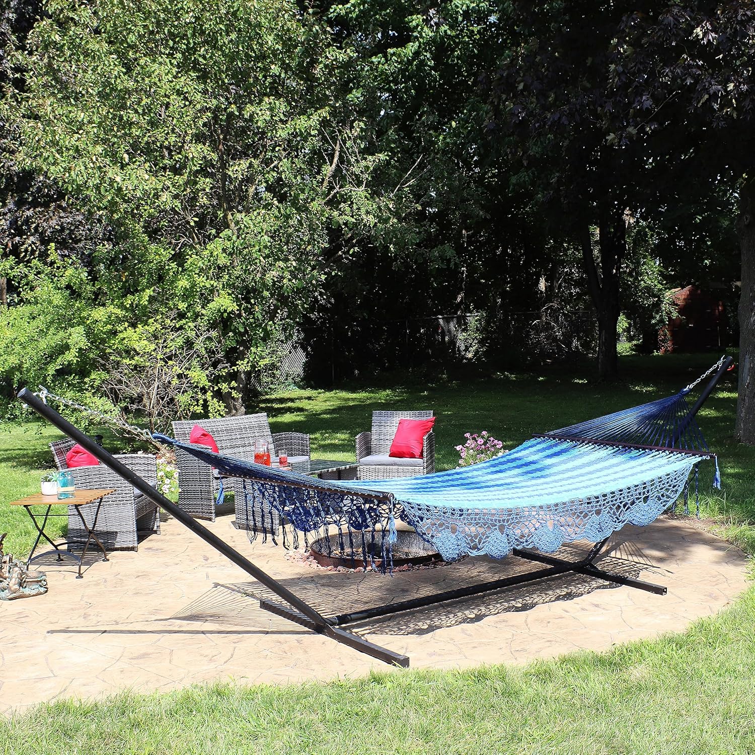 Sunnydaze Hand - Woven Cotton and Nylon American - Style Mayan Hammock with 15 - Foot Steel Stand - 400 - Pound Capacity - Natural - From Where - 