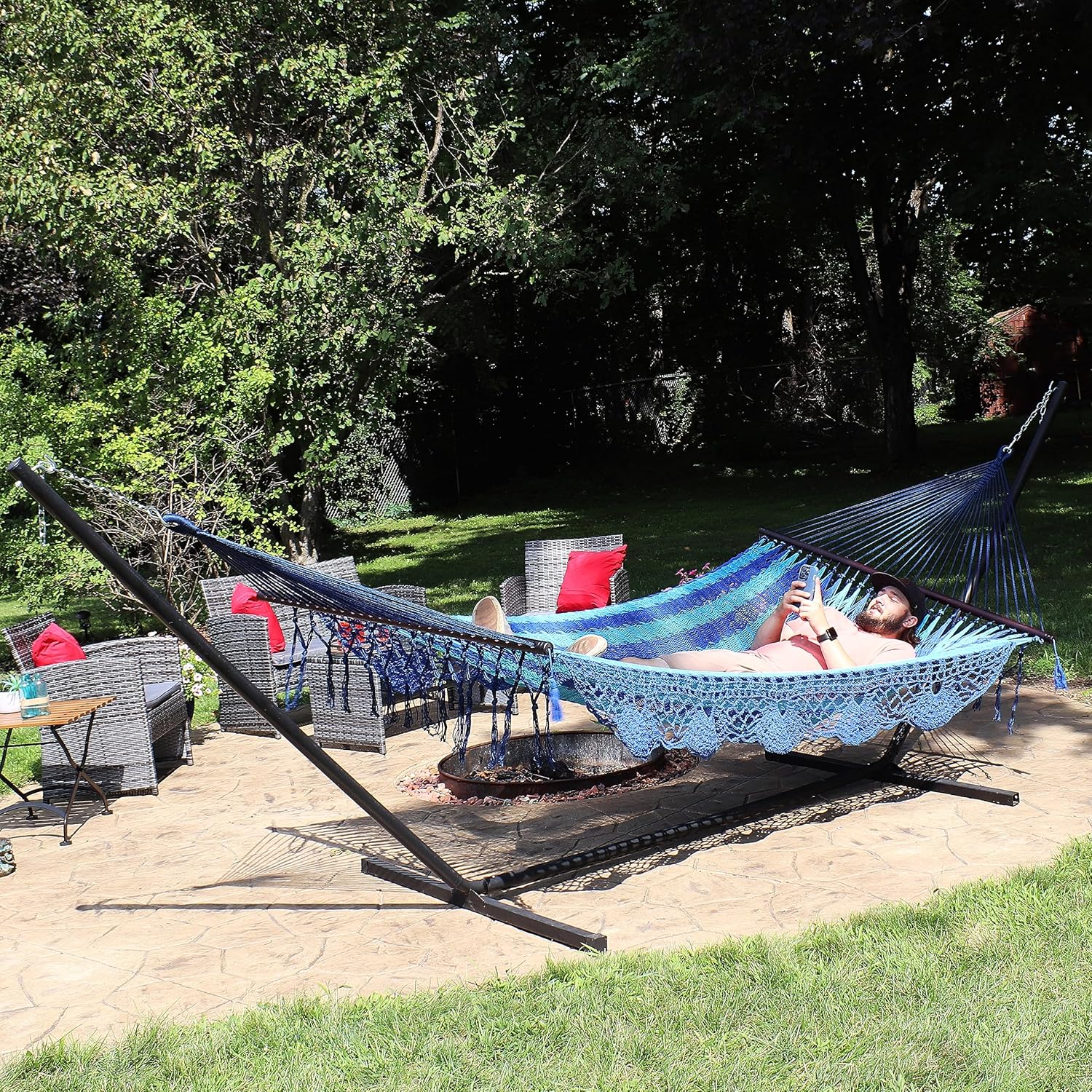 Sunnydaze Hand - Woven Cotton and Nylon American - Style Mayan Hammock with 15 - Foot Steel Stand - 400 - Pound Capacity - Natural - From Where - 