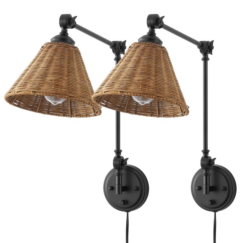 Swing Arm Wall Sconce with Rattan Shades (Set of 2) - From Where - 