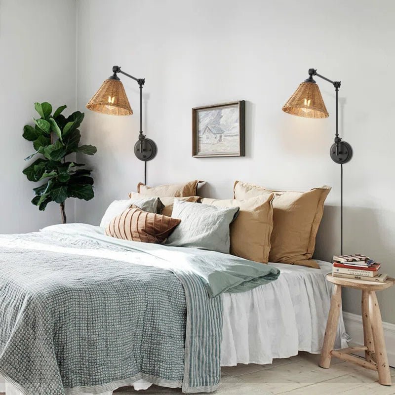 Swing Arm Wall Sconce with Rattan Shades (Set of 2) - From Where - 