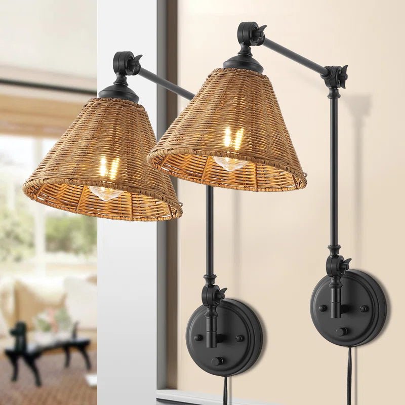 Swing Arm Wall Sconce with Rattan Shades (Set of 2) - From Where - 