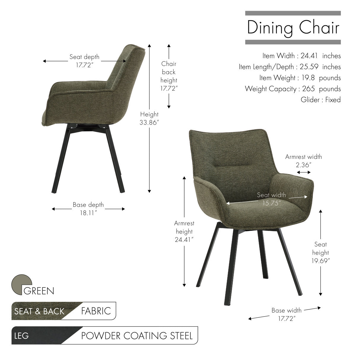 Swivel Fabric Dining Chair with Steel Legs - From Where - 