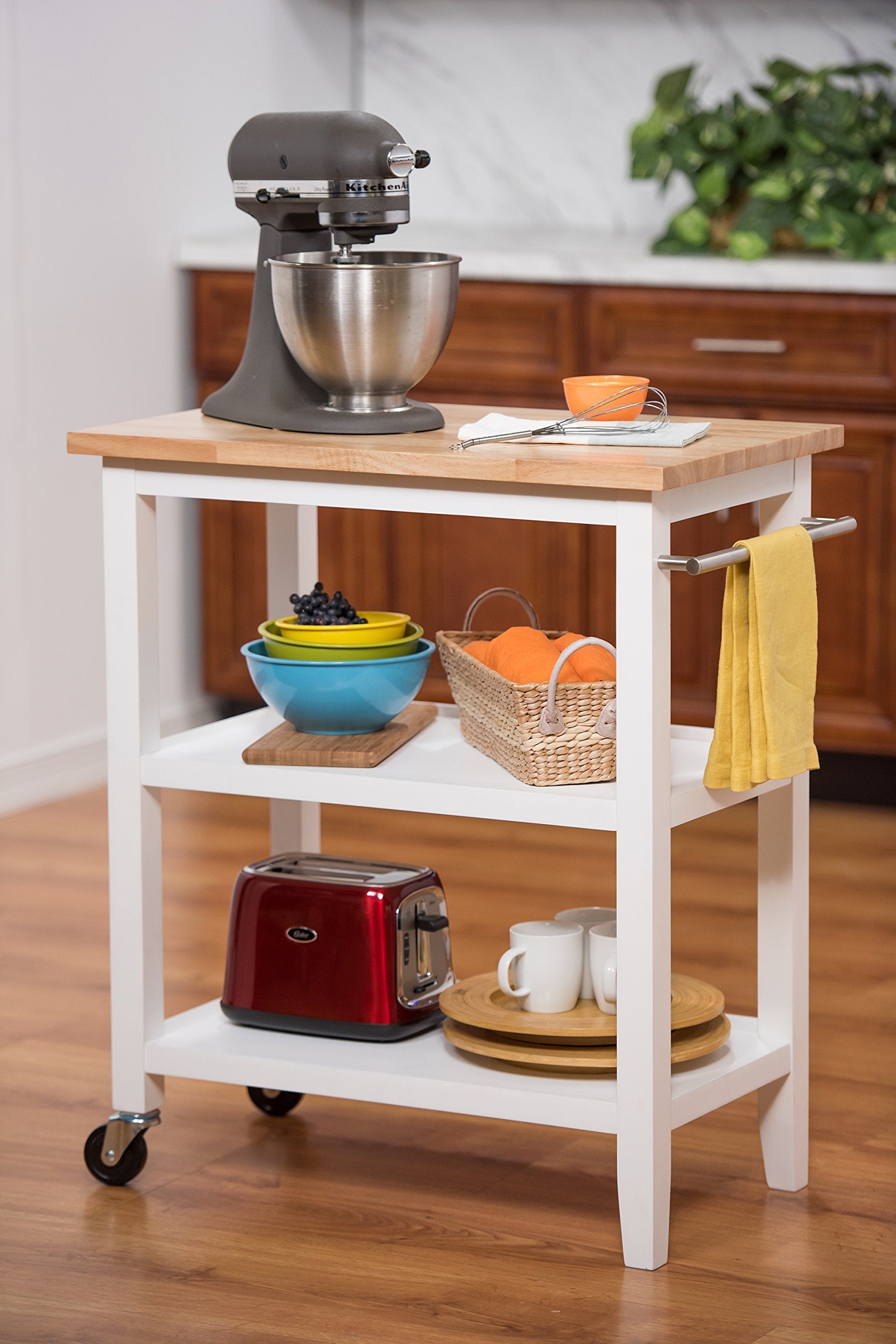 TRINITY 30 - Inch Wood Kitchen Coffee Cart with Wheels, Two Shelves, and Rubberwood Work Surface for Kitchen Storage and Food Preparation, 30” W x 18” D x 35” H - From Where - 