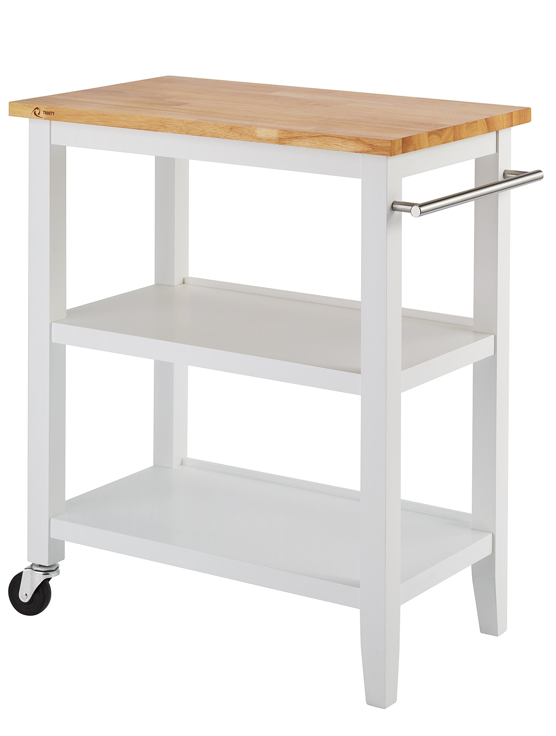 TRINITY 30 - Inch Wood Kitchen Coffee Cart with Wheels, Two Shelves, and Rubberwood Work Surface for Kitchen Storage and Food Preparation, 30” W x 18” D x 35” H - From Where - 