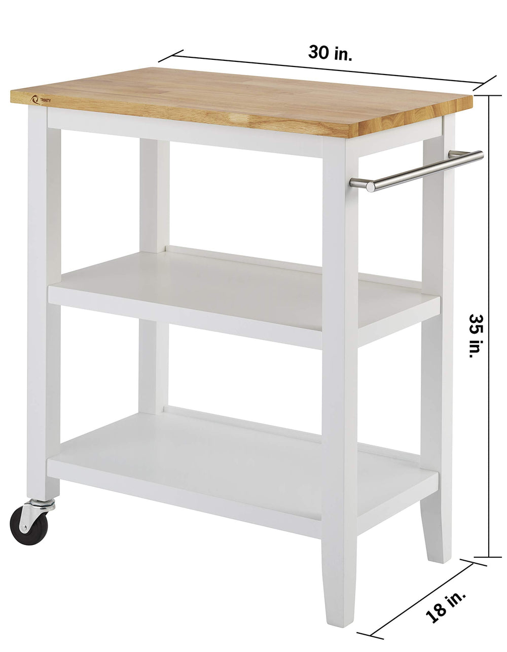 TRINITY 30 - Inch Wood Kitchen Coffee Cart with Wheels, Two Shelves, and Rubberwood Work Surface for Kitchen Storage and Food Preparation, 30” W x 18” D x 35” H - From Where - 