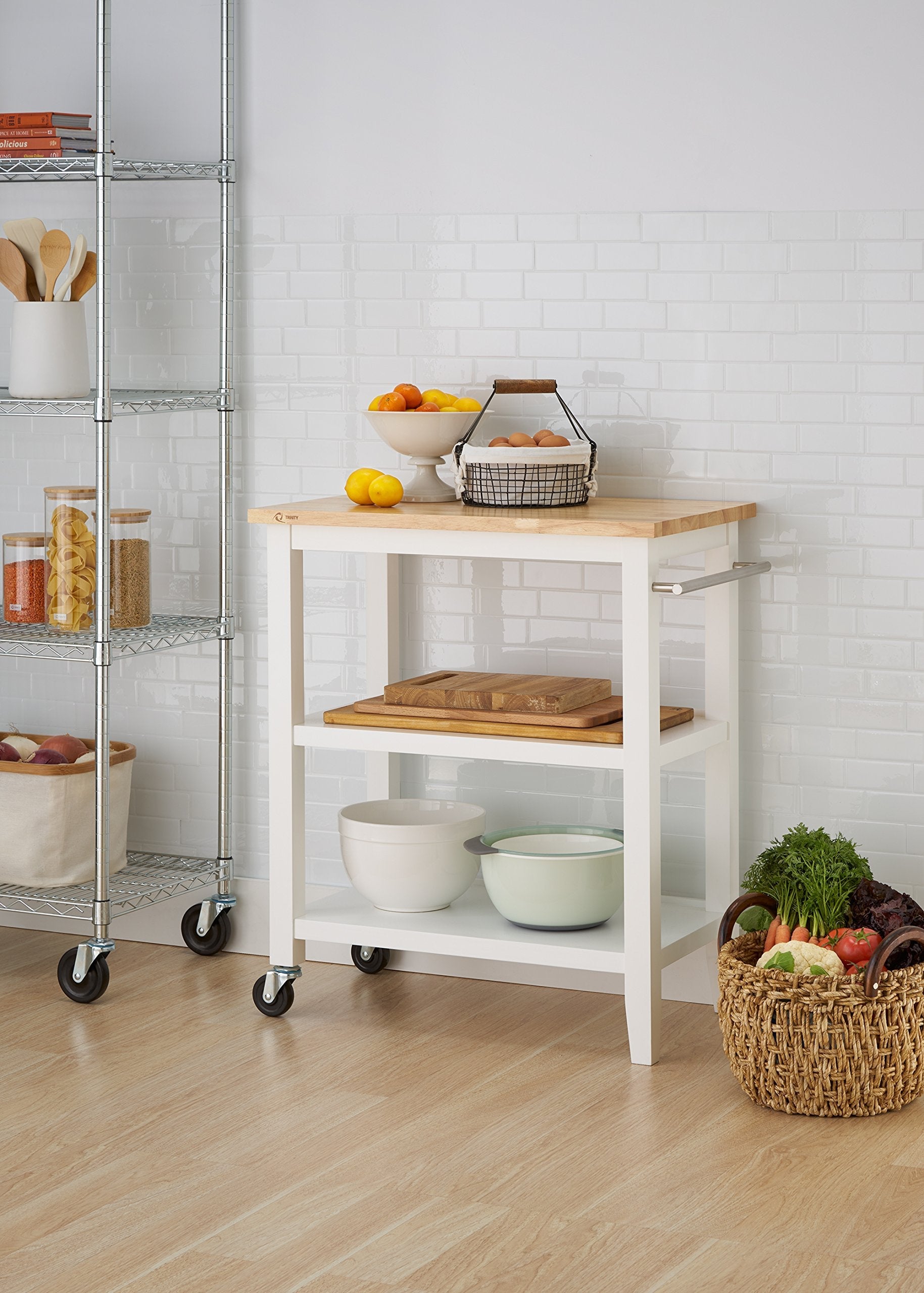 TRINITY 30 - Inch Wood Kitchen Coffee Cart with Wheels, Two Shelves, and Rubberwood Work Surface for Kitchen Storage and Food Preparation, 30” W x 18” D x 35” H - From Where - 