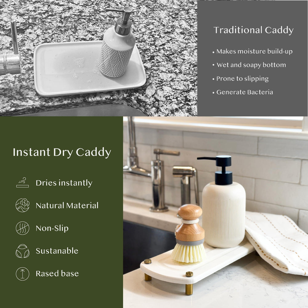 TWINKLE MOMENT 2PCS Instant Dry Sink Caddy Organizer, Fast Drying Sponge and Soap Dispenser Holder for Kitchen and Bathroom Countertop, Stainless Steel Feet, and Non Slip Bottom Pure White - From Where - 