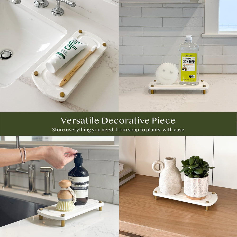 TWINKLE MOMENT 2PCS Instant Dry Sink Caddy Organizer, Fast Drying Sponge and Soap Dispenser Holder for Kitchen and Bathroom Countertop, Stainless Steel Feet, and Non Slip Bottom Pure White - From Where - 