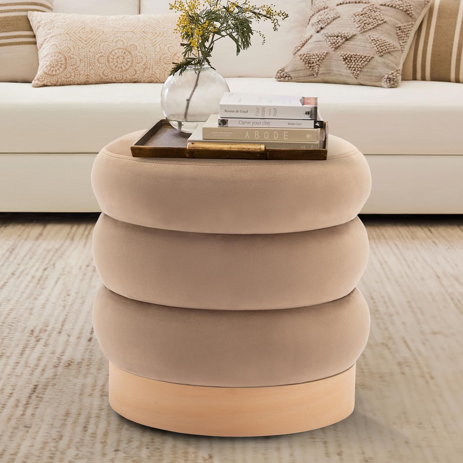 Velvet Ottoman Footstool with Wood Base - From Where - 