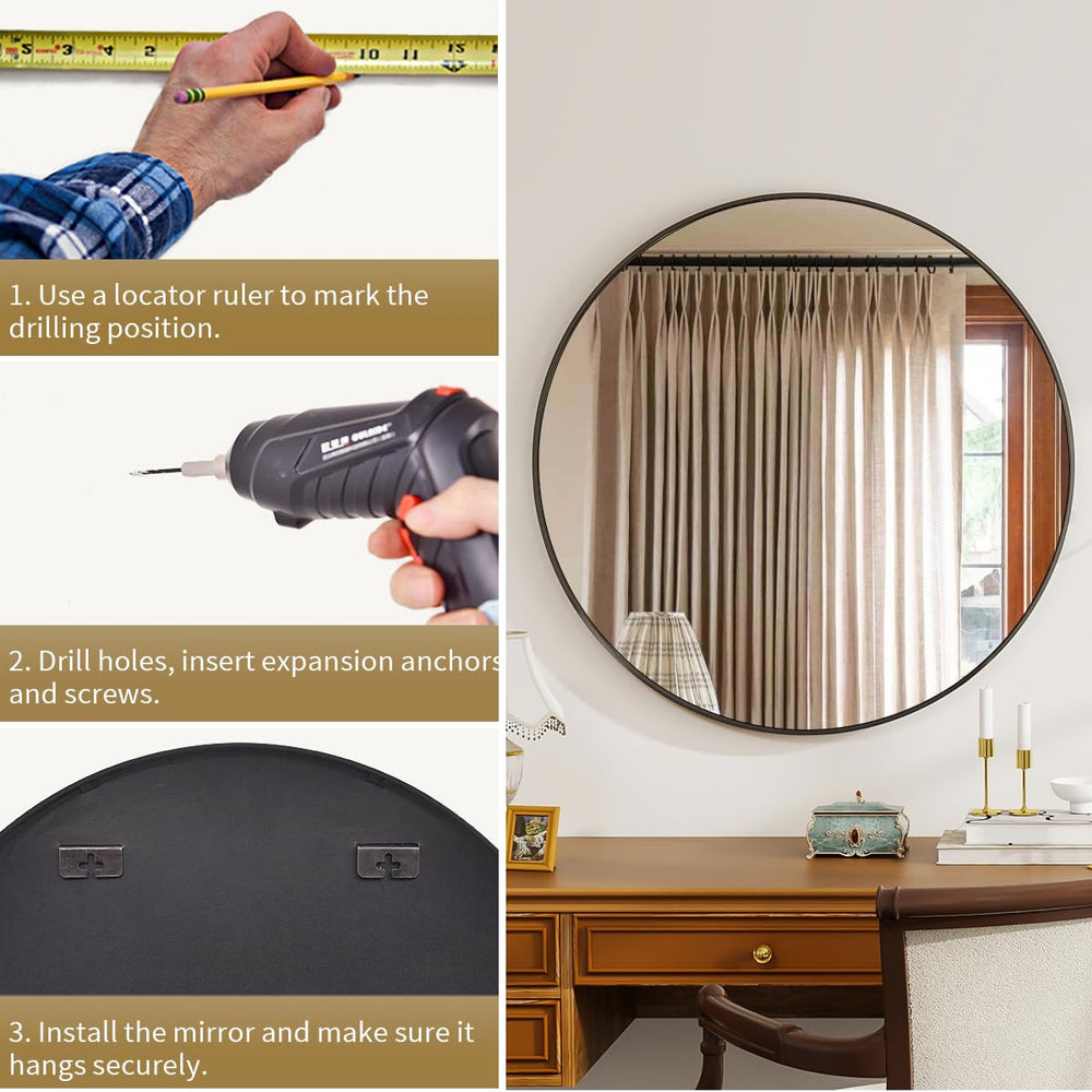 VETROVUE Black Round Mirror, 30 Inch Bathroom Mirror with Metal Frame, Wall Wall - Mounted for Entryway, Bathroom, Vanity, Living Room - From Where - 