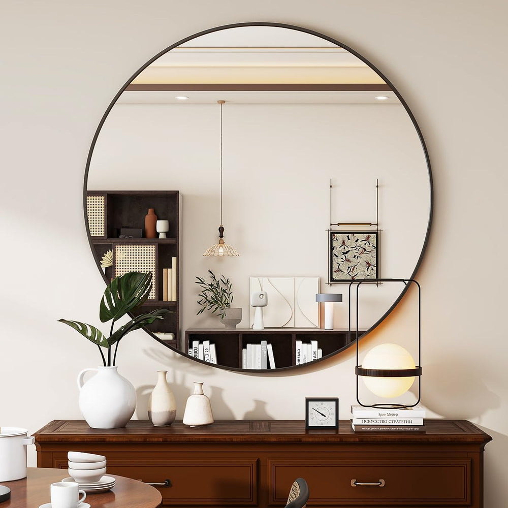 VETROVUE Black Round Mirror, 30 Inch Bathroom Mirror with Metal Frame, Wall Wall - Mounted for Entryway, Bathroom, Vanity, Living Room - From Where - 