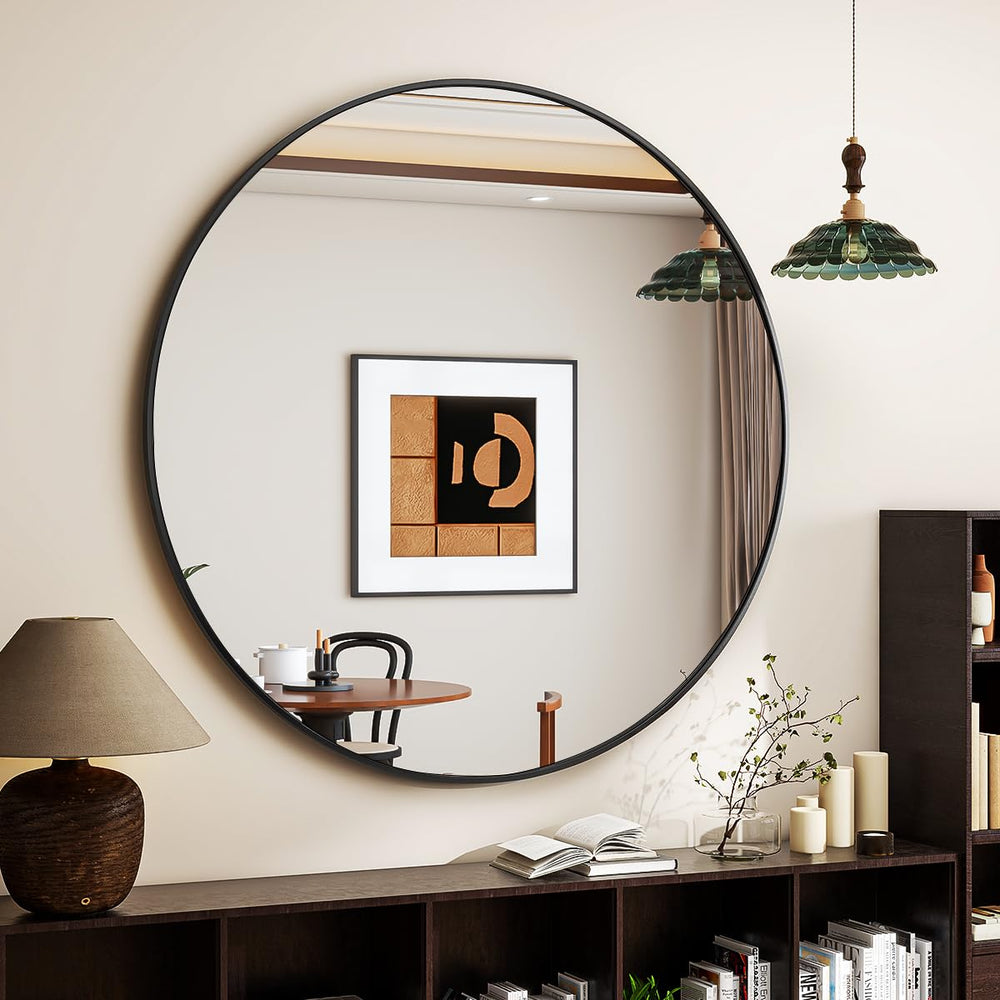 VETROVUE Black Round Mirror, 30 Inch Bathroom Mirror with Metal Frame, Wall Wall - Mounted for Entryway, Bathroom, Vanity, Living Room - From Where - 