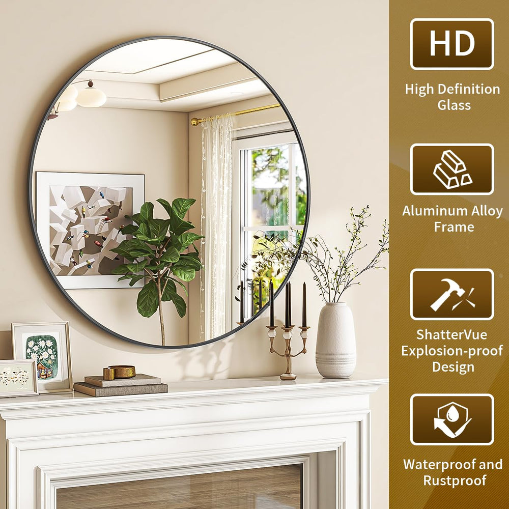VETROVUE Black Round Mirror, 30 Inch Bathroom Mirror with Metal Frame, Wall Wall - Mounted for Entryway, Bathroom, Vanity, Living Room - From Where - 