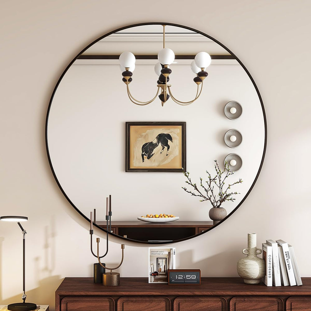 VETROVUE Black Round Mirror, 30 Inch Bathroom Mirror with Metal Frame, Wall Wall - Mounted for Entryway, Bathroom, Vanity, Living Room - From Where - 