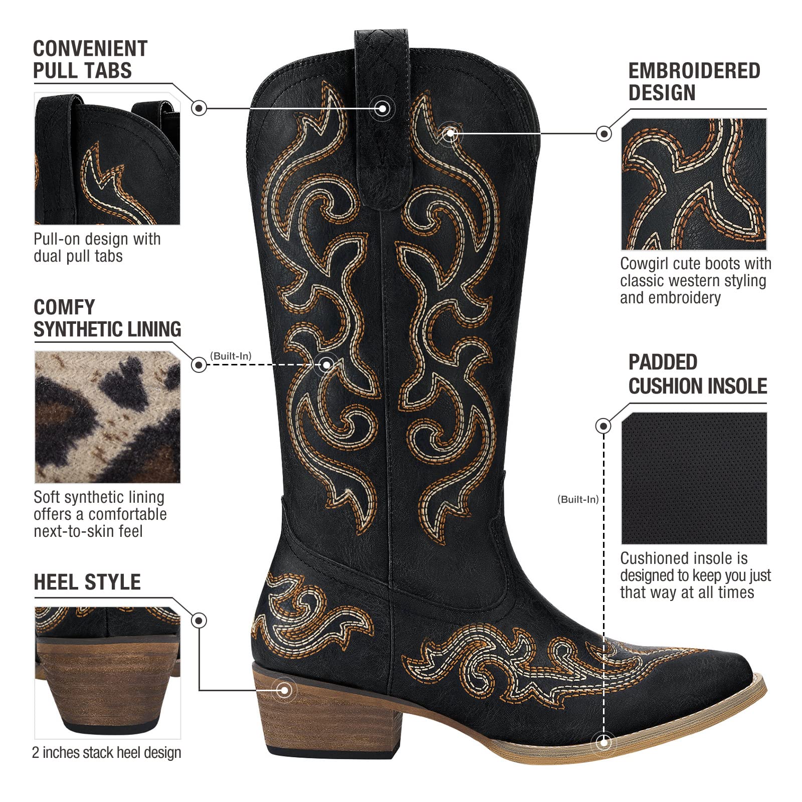 Western Cowgirl Boots with Chunky Heel Size 9 - From Where - 