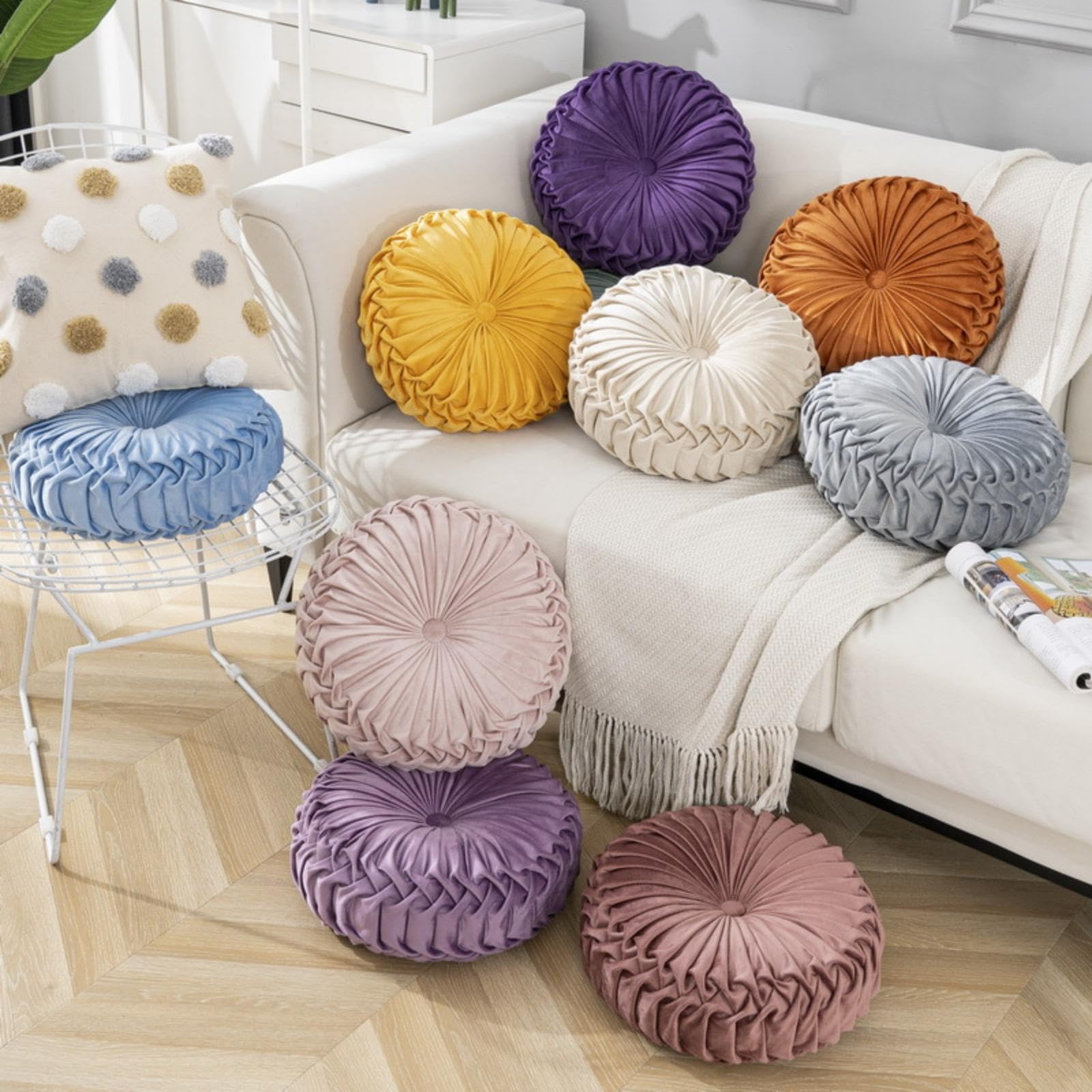 White Round Throw Pillow Velvet - From Where - 